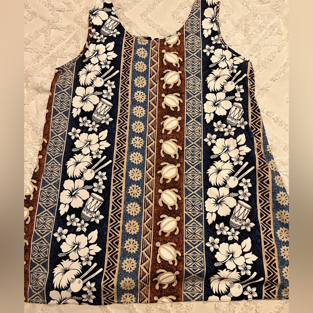Vintage Navy and Brown Floral Turtle Print Aloha Hawaiian Mini Dress
